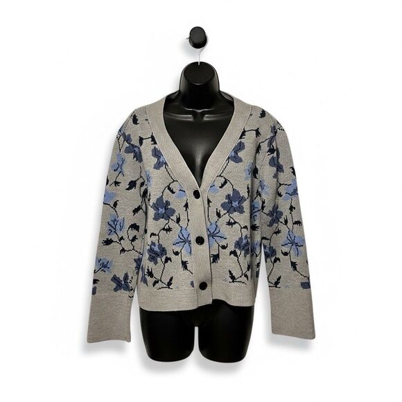 Club Monaco Floral Jacquard Cardigan Grey Blue Size M - Picture 5 of 13
